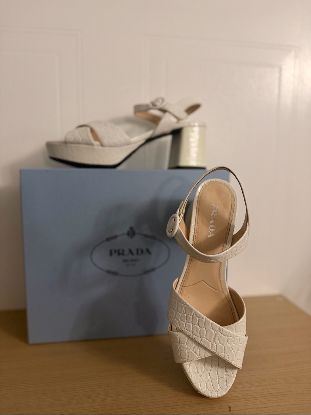 Prada Ivory Croc-Embossed Platform Block Heel Sandals - Picture 3 of 5